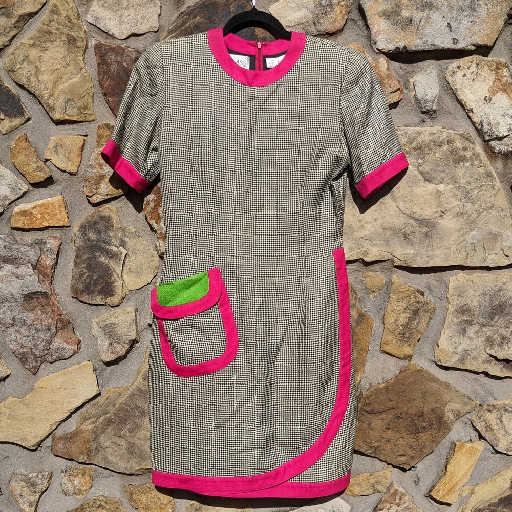 Vintage Colorblock Houndstooth Dress